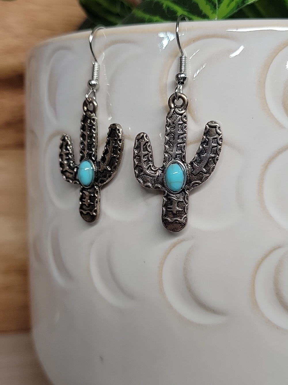 Turquoise Accent Cactus Dangle Earrings - Southwestern